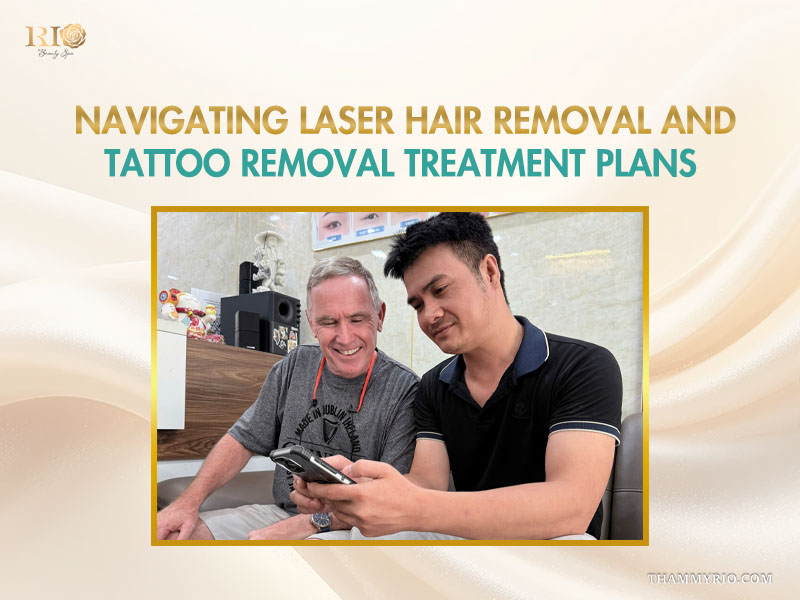 A consultant explaining laser hair removal on a tattoo treatment plan to a male client.