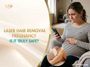 A pregnant woman looking at her phone anxiously next to text asking if laser hair removal pregnancy is truly safe.