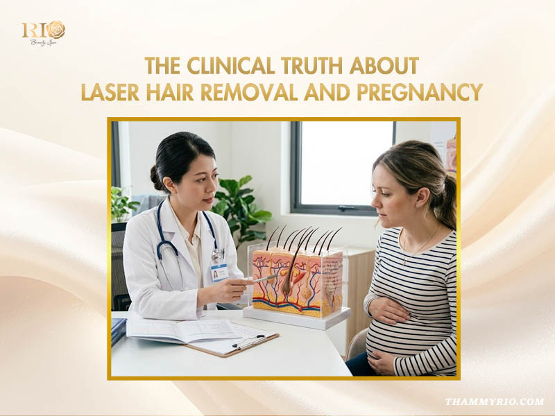 A female doctor pointing at a skin structure model while consulting a pregnant woman about laser hair removal pregnancy safety.