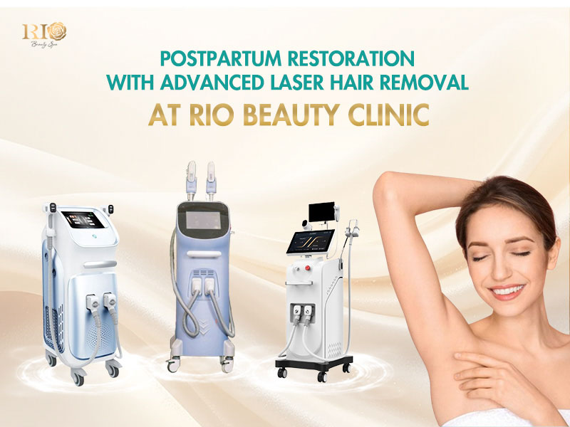 Three advanced cosmetic machines for postpartum care next to a smiling woman showing her clean underarm, focusing on safe procedures after laser hair removal pregnancy concerns.