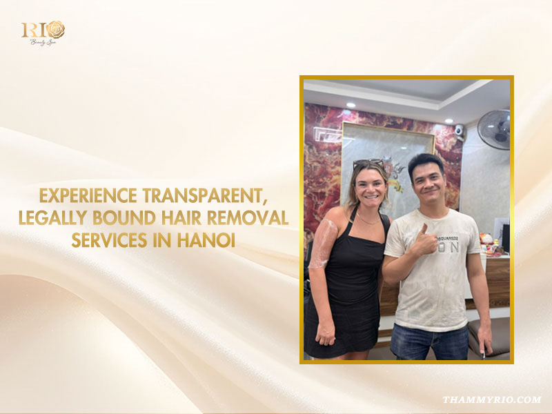 A smiling female customer standing next to a male technician at a clinic providing professional solutions for laser hair removal pregnancy concerns in Hanoi.