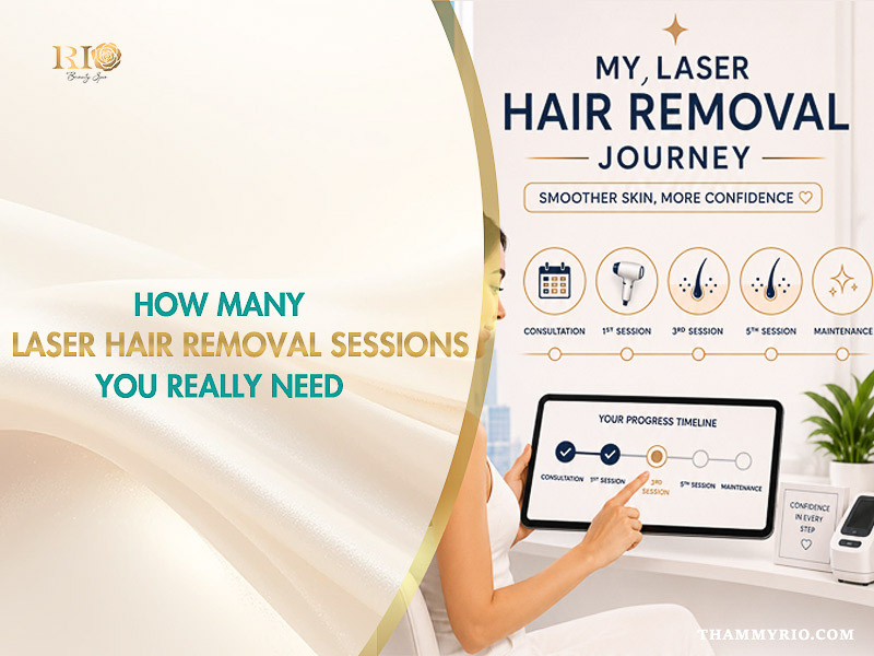 Woman looking at her laser hair removal sessions progress timeline on a tablet at Rio Beauty Spa.