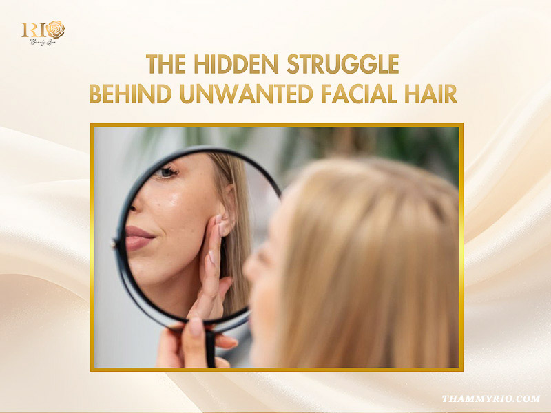 A woman looking in the mirror checking her facial hair before choosing laser hair removal sideburns treatment.