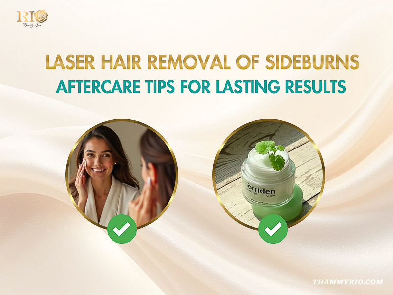 A guide on laser hair removal sideburns aftercare with a woman applying cream and a Torriden cream product.