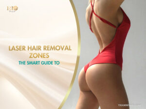 Infographic banner titled laser hair removal zones the smart guide to by Rio Beauty Clinic featuring a woman in a red swimsuit.