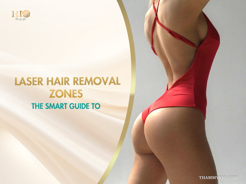 Infographic banner titled laser hair removal zones the smart guide to by Rio Beauty Clinic featuring a woman in a red swimsuit.
