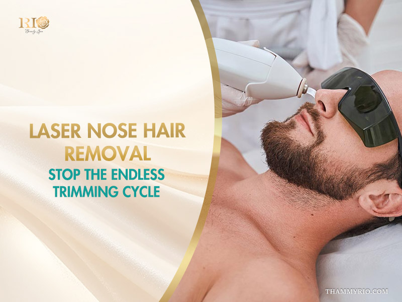 A man struggling with tweezers and scissors, showing why laser nose hair removal is better than trimming.