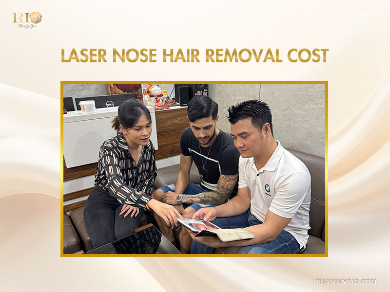 A professional consultant discussing the upfront laser nose hair removal cost with a smiling client at a clinic.