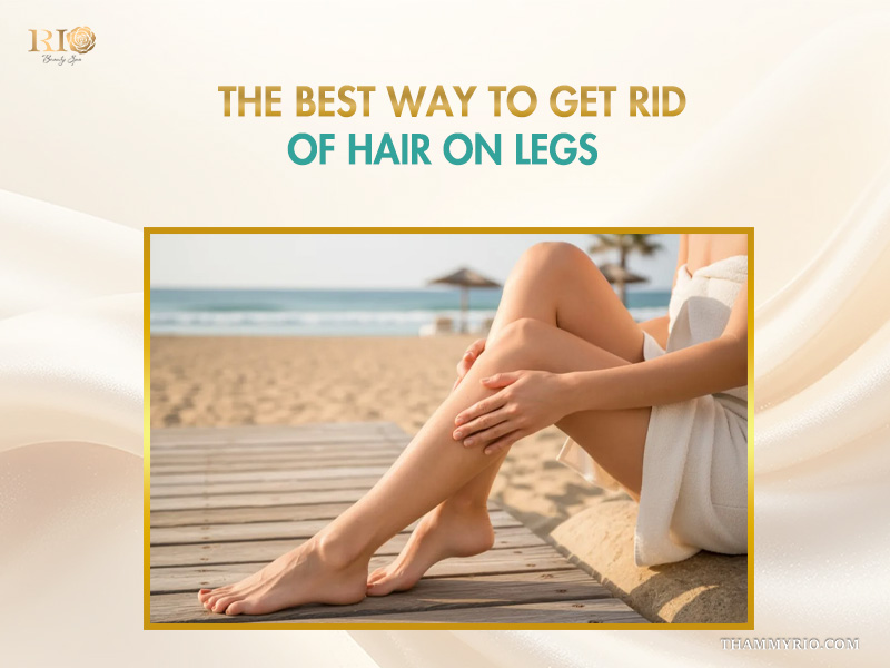 A woman showing smooth, hairless legs after a professional leg hair removal treatment at a beach resort.