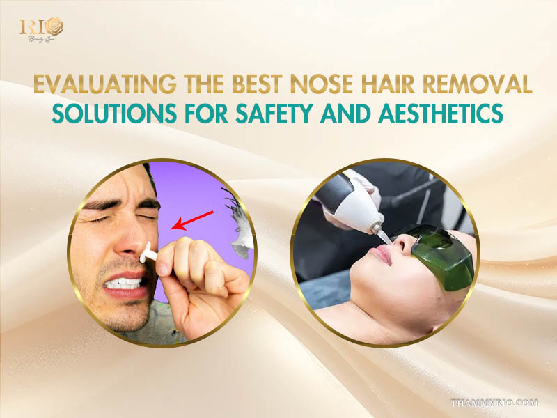 A comparison showing painful wax-based grooming versus safe professional laser male nose hair removal at Rio Beauty Spa.