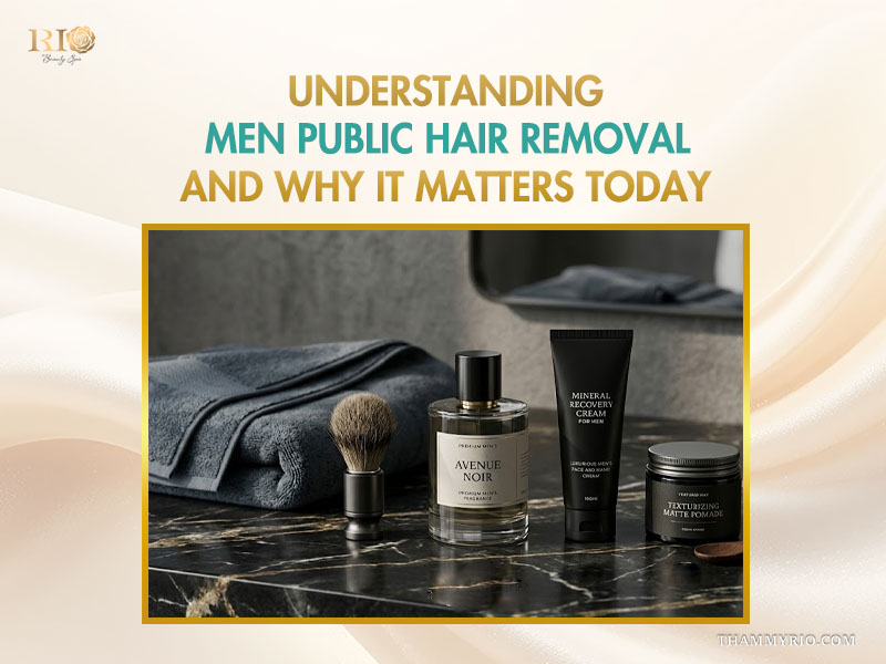 Flatlay of luxury male grooming products on dark marble, reflecting modern trends in Men Public Hair Removal.