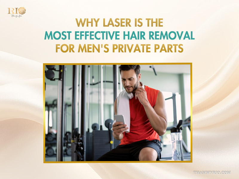 A fit man wiping sweat at a modern gym, showcasing the comfort of Men Public Hair Removal.