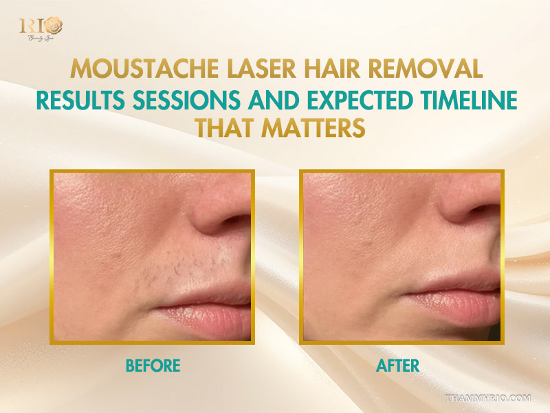 Before and after results of a female client undergoing mustache laser hair removal treatment.