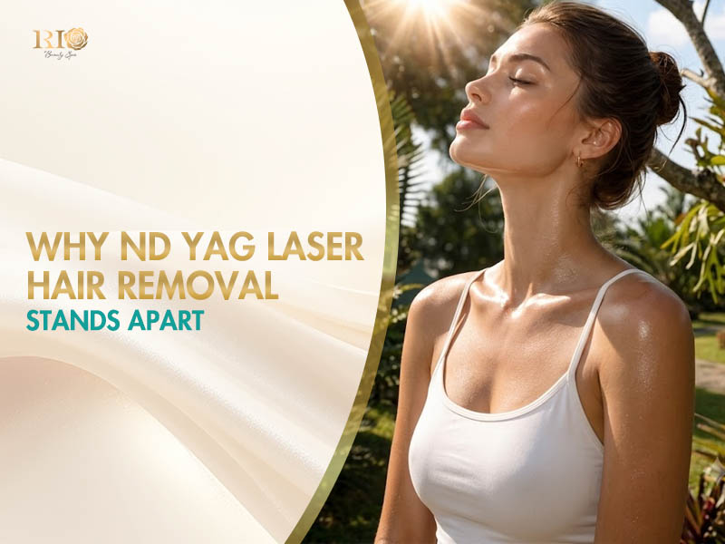 Close-up of smooth, radiant tan skin showing successful nd yag laser hair removal on a premium lifestyle model.