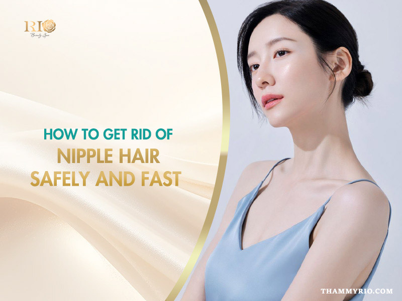 A banner from Rio Beauty Clinic titled how to get rid of nipple hair safely and fast featuring a woman with smooth skin.