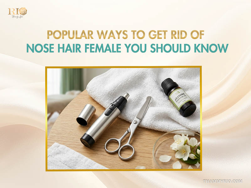 Tools for nose hair female removal including an electric trimmer, safety scissors, and essential oil on a wooden table.