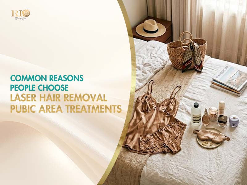 Elegant silk lingerie and skincare products on a bed, showing why pubic area laser hair removal is popular for vacations.