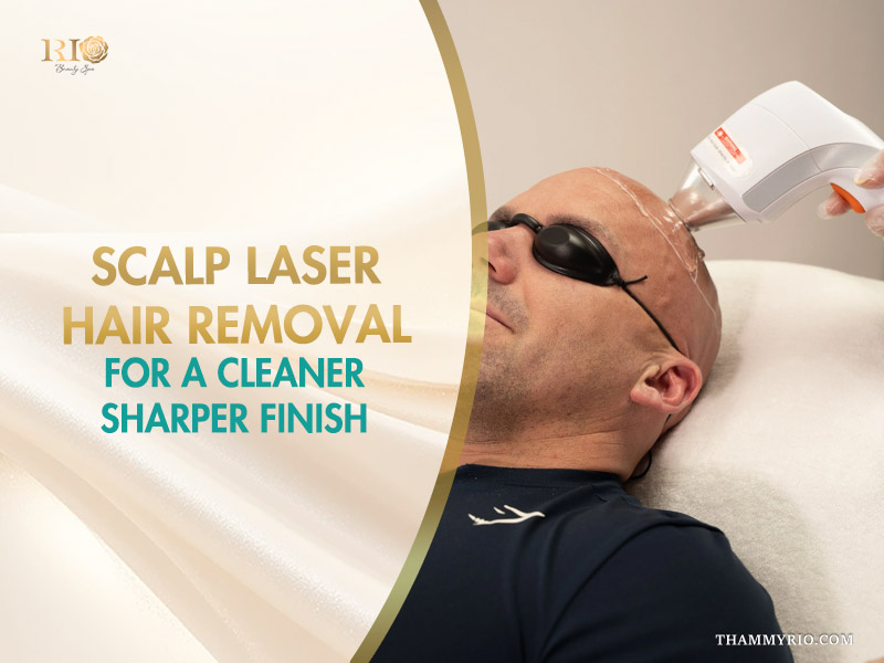 A client wearing safety goggles receives a scalp laser hair removal treatment from a gloved practitioner at Rio Beauty Spa.