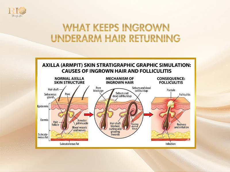 Medical diagram showing the process of underarm ingrown hair and folliculitis