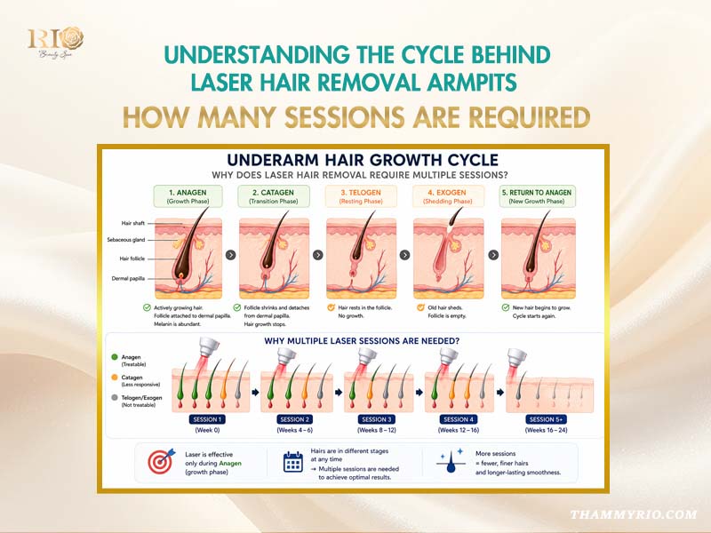 Infographic showing underarm hair growth cycle and underarm laser hair removal how many sessions are required.