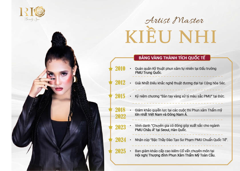 Thành tích và các giải thưởng của Master Artist Kiều Nhi trong ngành học phun xăm thẩm mỹ tại Thẩm Mỹ Rio Beauty Clinic
