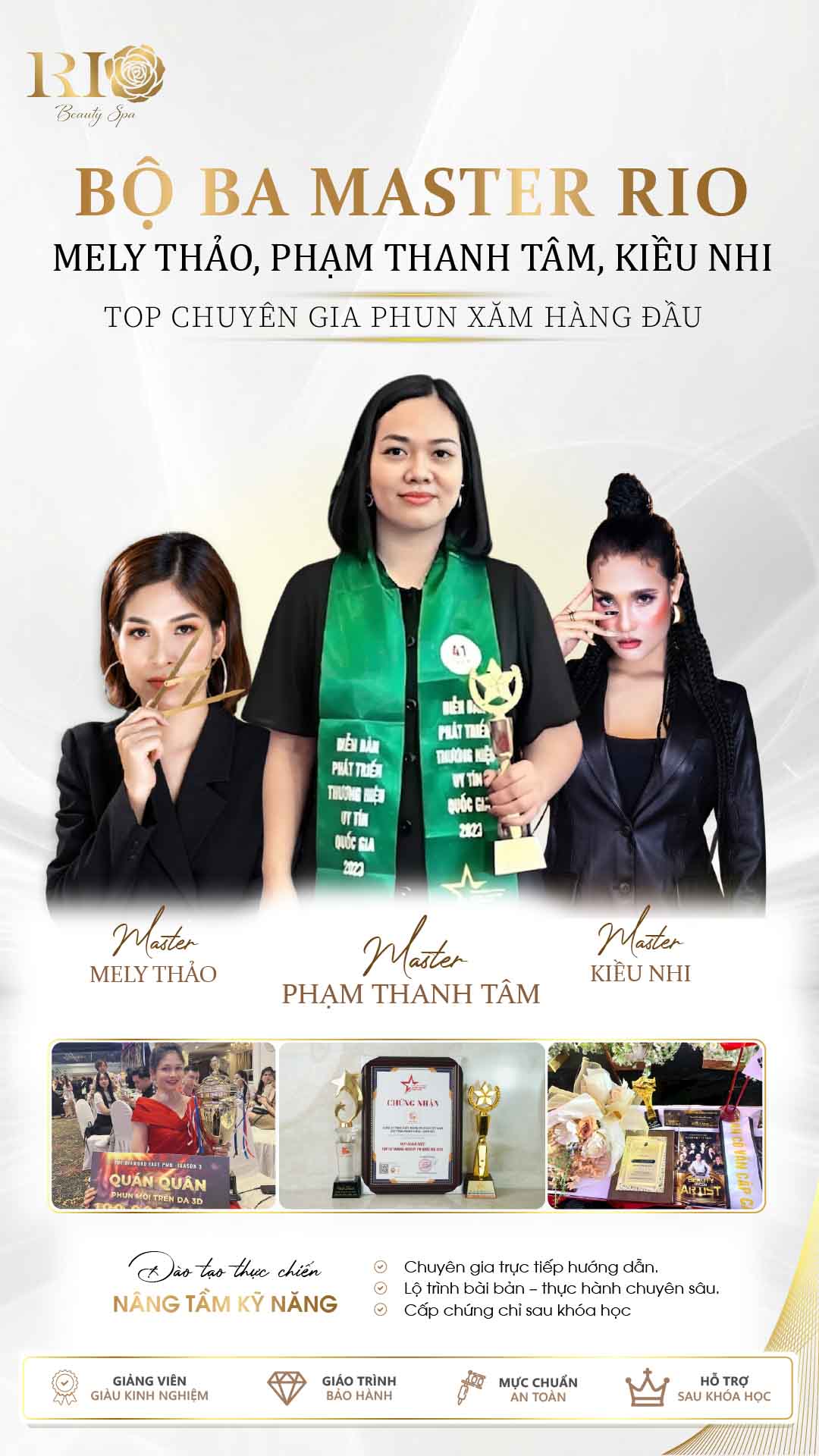 Chi phí học phun xăm phụ thuộc vào đội ngũ giảng viên hàng đầu như Kiều Nhi, Mely Thảo và Thanh Tâm trực tiếp đào tạo tại Thẩm Mỹ Rio