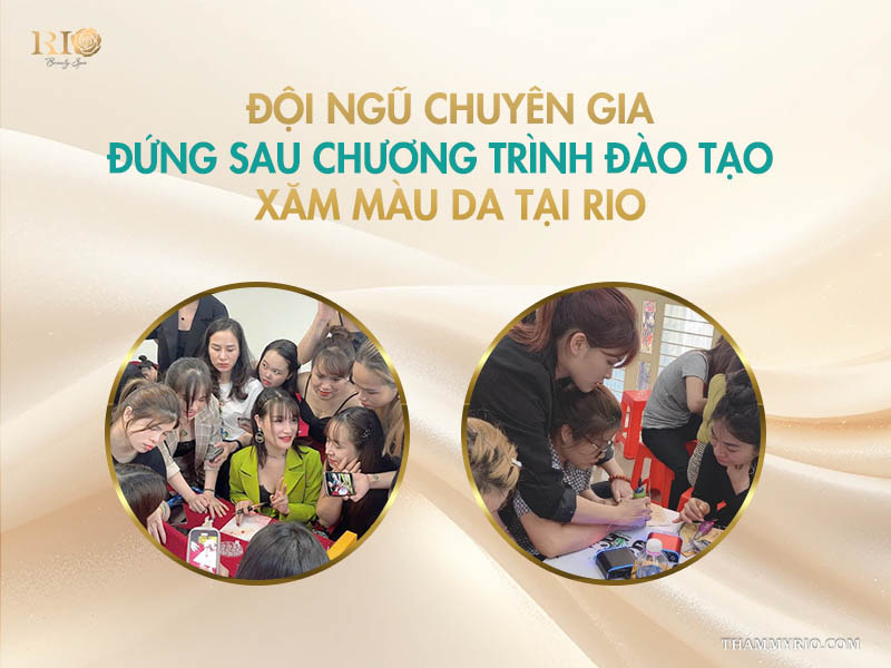 Banner giới thiệu đội ngũ chuyên gia đào tạo xăm màu da tại Thẩm mỹ Rio cùng hình ảnh giảng viên trực tiếp hướng dẫn học viên thực hành