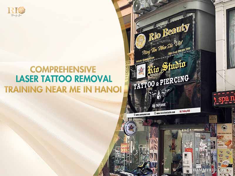 Exterior storefront of Rio Beauty Clinic and Rio Studio Tattoo at 205 Thuy Khue, Hanoi on a promotional banner