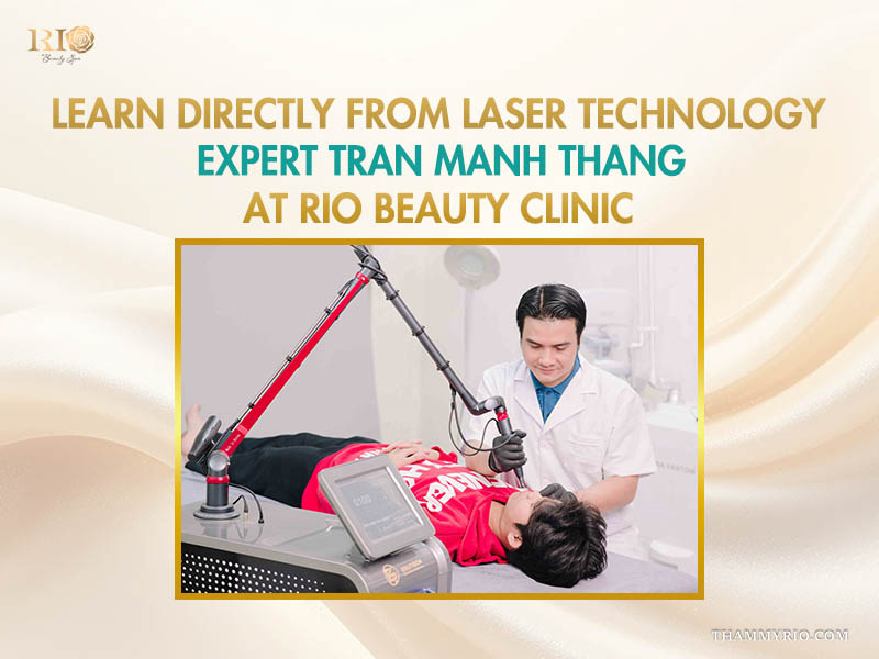 Laser expert Tran Manh Thang operating an articulated arm laser machine on a client at Rio Beauty Clinic