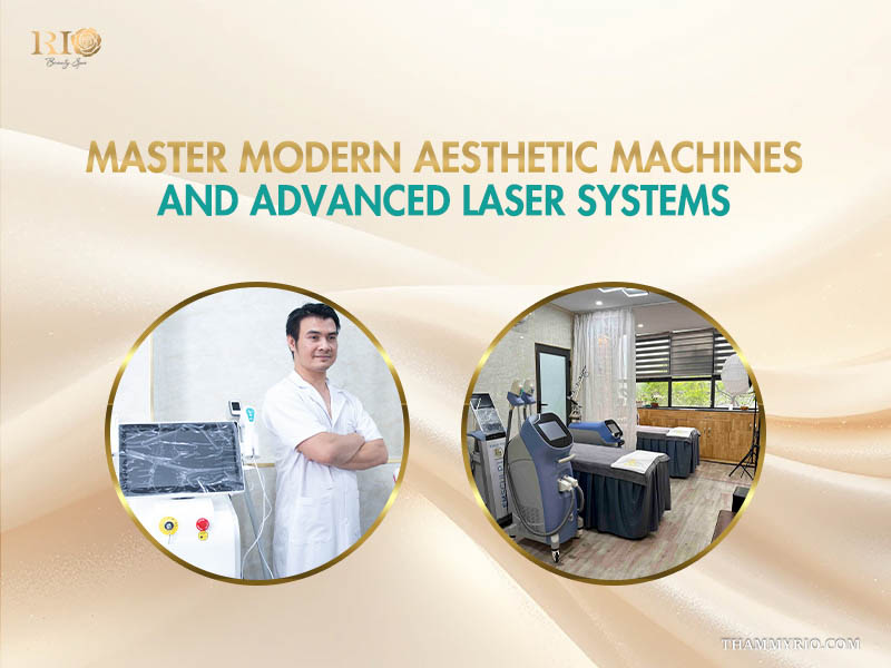 Expert standing beside a modern laser machine alongside a view of a fully equipped aesthetic treatment room at Rio Beauty Clinic