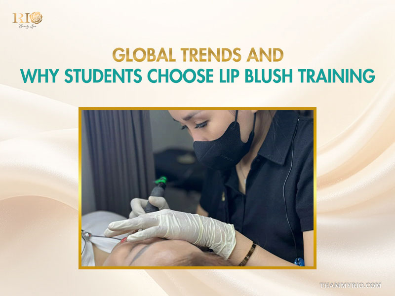 Students practicing techniques in a classroom during a lip blush course.