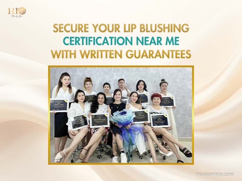 Group of graduating lip blush students holding certificates and flowers at Rio Beauty Spa. lip blush training near me in hanoi