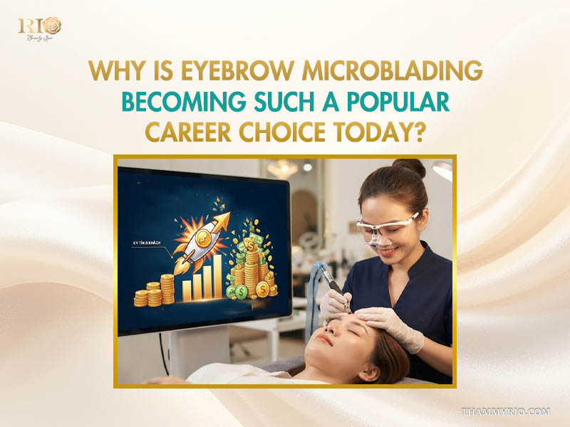 A PMU specialist performing eyebrow microblading next to a career growth graphic during a professional microblading course.