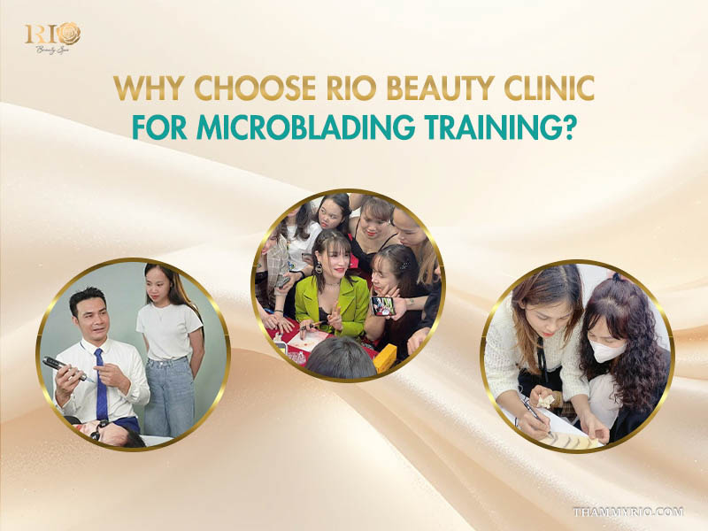 Three images showing interactive student training during a professional microblading course at Rio Beauty Clinic.