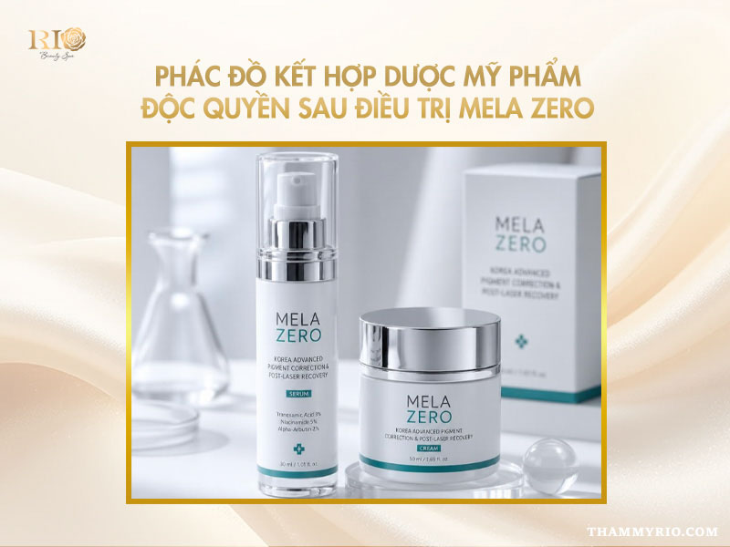 Bộ sản phẩm Mela Zero gồm chai serum tinh chất và hũ kem dưỡng hỗ trợ phục hồi da sau trị liệu
