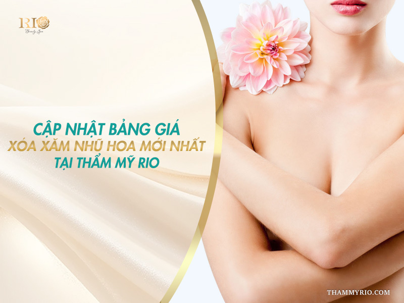 Người mẫu nữ ôm hoa thược dược hồng trên banner công bố bảng giá xóa xăm nhũ hoa tại Thẩm mỹ Rio
