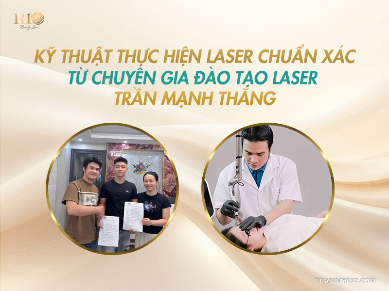 Hình tròn thể hiện hợp đồng cam kết đào tạo và hình tròn Chuyên gia Trần Mạnh Thắng thao tác laser chuyên nghiệp