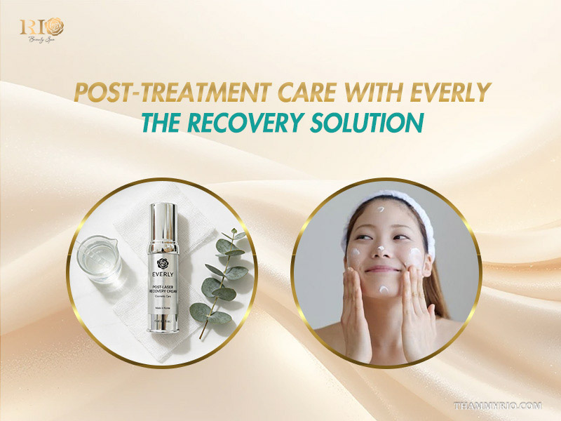 Everly post-laser recovery cream alongside a woman applying skincare for aftercare following laser treatment for broken blood vessels on nose
