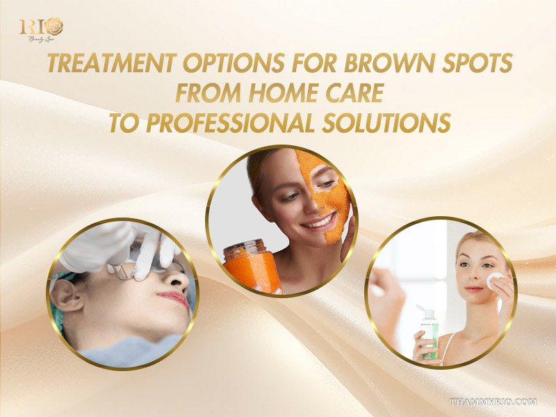 Three circular images displaying professional laser therapy, face scrub masks, and daily skincare targeting a brown spot on skin