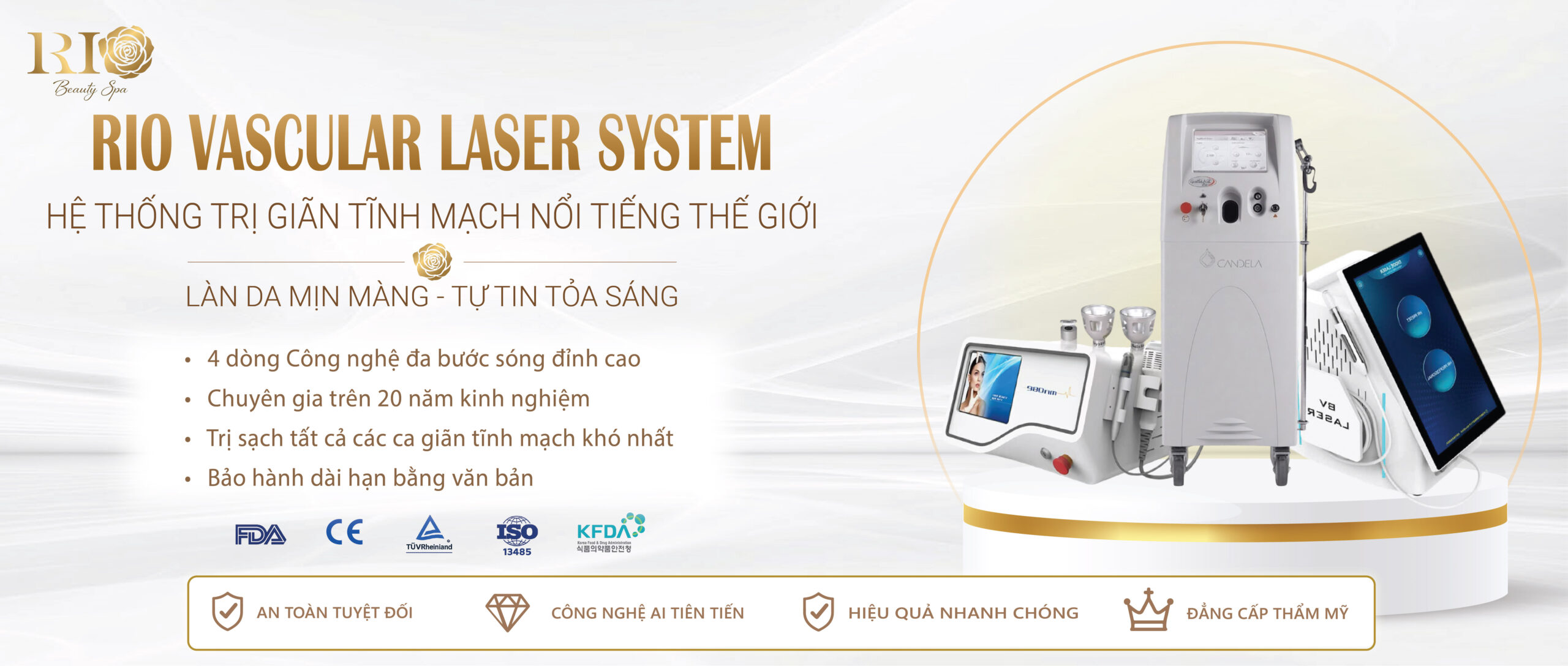 Banner ngang giới thiệu tổ hợp thiết bị đa bước sóng chuẩn quốc tế của công nghệ Rio Vascular Laser System