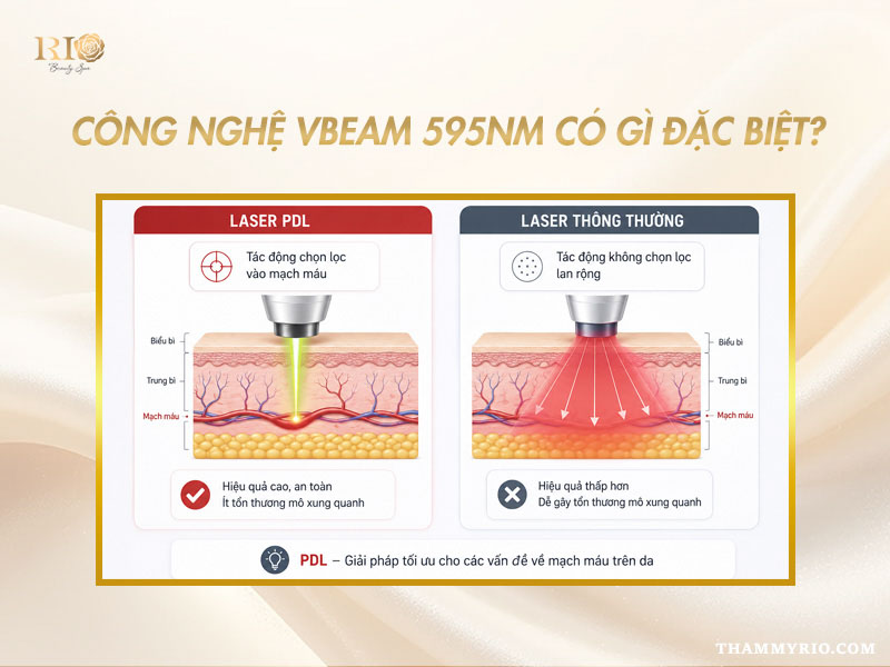 Sơ đồ so sánh cơ chế tác động chọn lọc của Laser PDL thuộc Công nghệ Vbeam Candela 595nm với laser thông thường