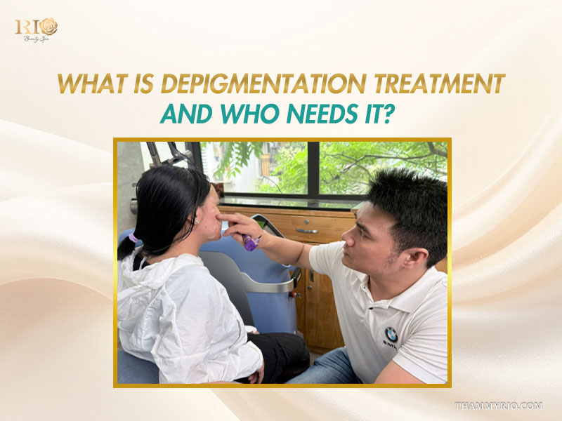 Specialist examining facial pigment loss during a consultation for professional depigmentation treatment