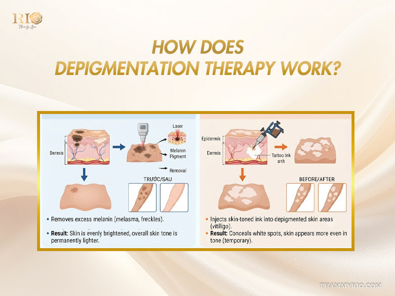 Medical diagram explaining laser melanin removal and skin-tone micropigmentation mechanisms in depigmentation treatment