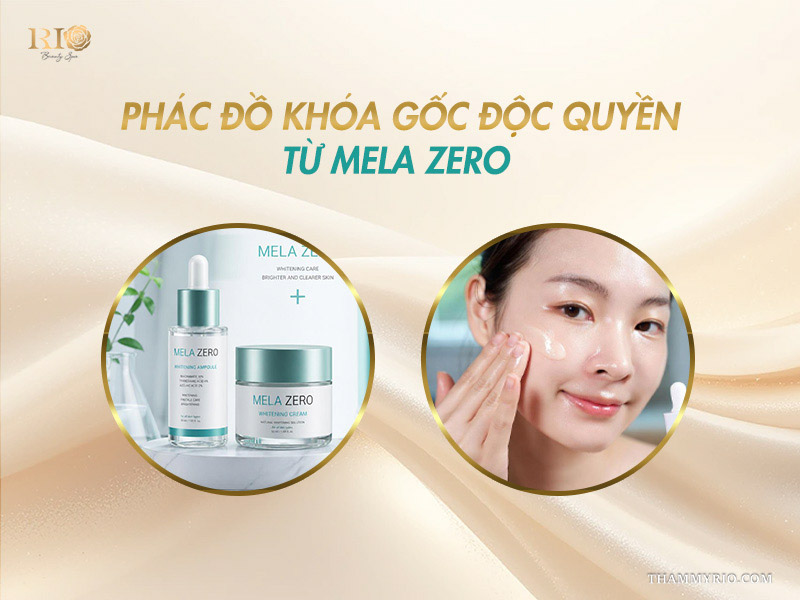 Bộ sản phẩm Mela Zero bên cạnh hình ảnh khách hàng có làn da căng bóng sau điều trị nám chân sâu