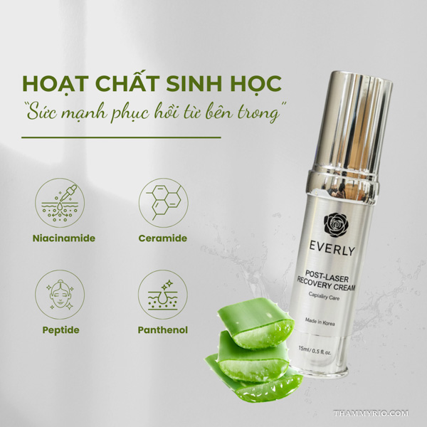 Các hoạt chất sinh học Niacinamide, Ceramide, Peptide, Panthenol và chiết xuất nha đam trong sản phẩm Everly sau laser giãn mao mạch