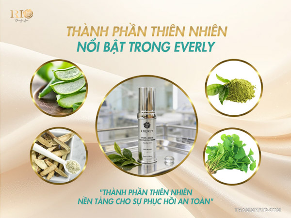 Thành phần thiên nhiên gồm nha đam, trà xanh, cam thảo và rau má trong sản phẩm Everly sau laser giãn mao mạch
