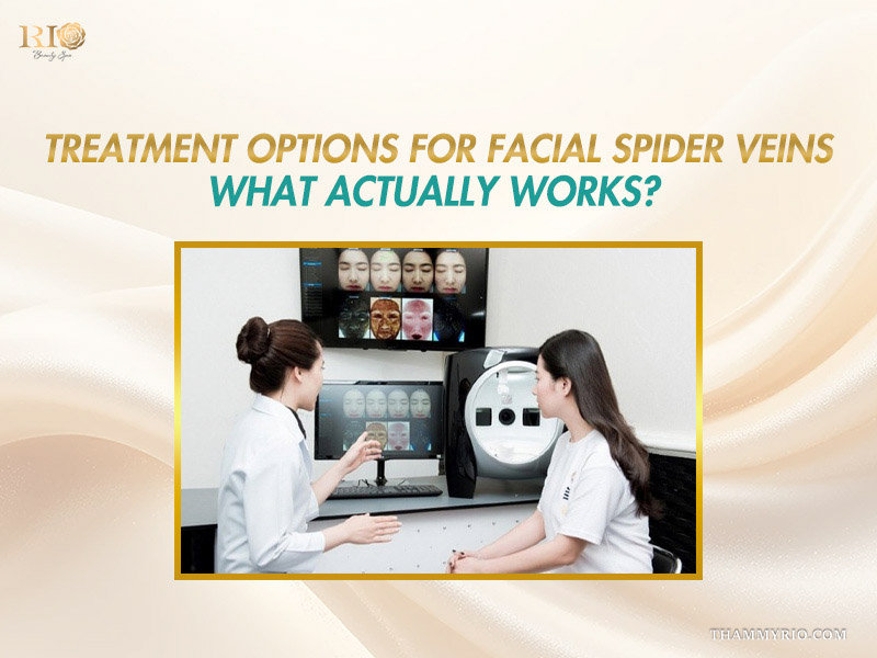 Specialist and patient reviewing multidimensional 3D skin analysis to determine options for facial spider veins treatment