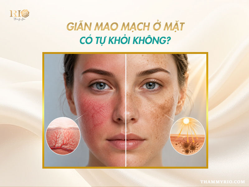 Banner bài viết giải đáp thắc mắc giãn mao mạch ở mặt có tự khỏi không cùng Thẩm mỹ Rio Beauty Clinic.