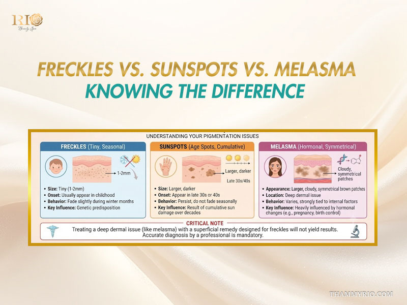 Infographic distinguishing clinical differences among freckles, sunspots, and melasma on a banner explaining how can i get rid of freckles