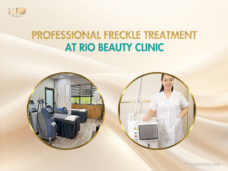 Dual circular photos showcasing treatment rooms and clinical laser workstations addressing how can i get rid of freckles at Rio Beauty Clinic